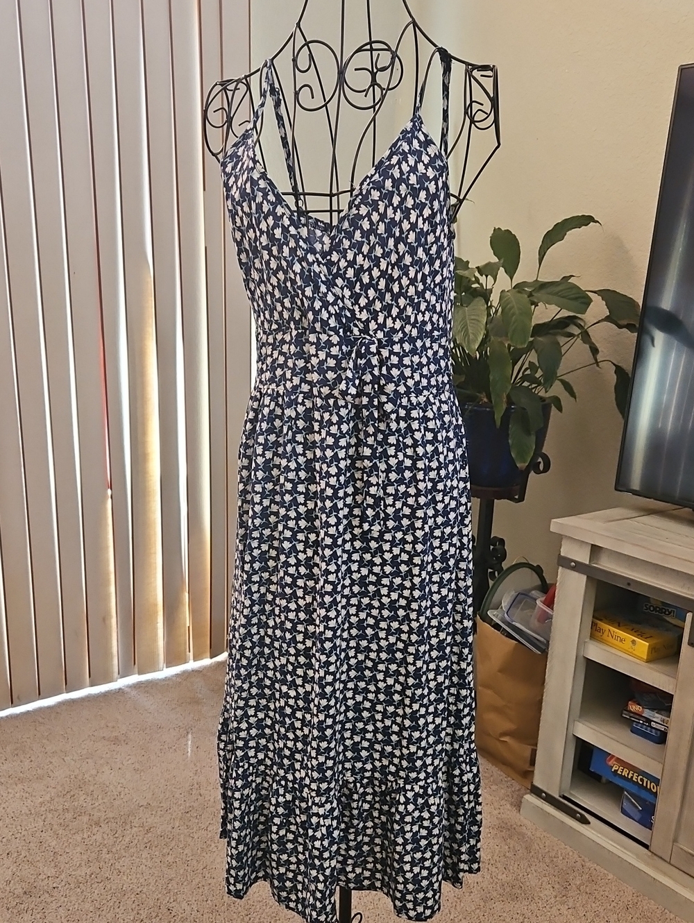 AUW Navy and White Floral Midi Dress with Tie Waist